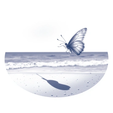 A "schmetterling" is depicted in flight above a sandy beach. The butterfly's wings are outstretched gracefully, capturing the essence of its movement. Below, the sand is smooth and undisturbed, with small grains glistening in the sunlight. In the background, the ocean stretches out, with gentle waves rolling towards the shore. The horizon is visible where the water meets the sky, adding depth to the scene. The overall composition emphasizes the beauty of nature in this coastal setting.