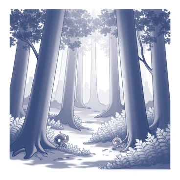 A dense forest filled with tall trees and thick foliage. Sunlight filters through the leaves, creating patterned shadows on the forest floor. Among the trunks, small "ahki creatures" with unique features are partially hidden, peeking out from behind the trees. The creatures have large eyes and distinct shapes that make them stand out against the natural backdrop. Ferns and underbrush surround the base of the trees, contributing to the vibrant ecosystem. Small patches of open ground are scattered throughout the scene, adding depth to the forest landscape.