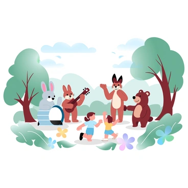 A group of forest animals is gathered in a sunny clearing, each playing a different instrument. A rabbit is playing a drum, while a fox strums a guitar. A deer is gracefully playing a flute, and a bear is holding a tambourine. Nearby, a few children are dancing joyfully, clapping their hands in rhythm to the music. The scene is filled with lush greenery, with trees surrounding the clearing and sunlight filtering through the leaves. Colorful flowers add vibrancy to the ground, enhancing the lively atmosphere.