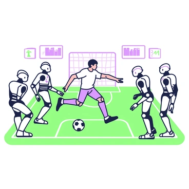 A futuristic soccer field is set under a clear sky. In the center, a human figure resembling "Maradona" is demonstrating soccer skills to a group of sleek, humanoid robots. The robots have metallic bodies with intricate details and are positioned in various poses, some dribbling a soccer ball while others observe intently. "Maradona" is wearing a modern athletic outfit, showing dynamic movement as he instructs the robots with gestures. Around the field, there are digital screens displaying statistics and training data. The scene captures a blend of technology and sport.