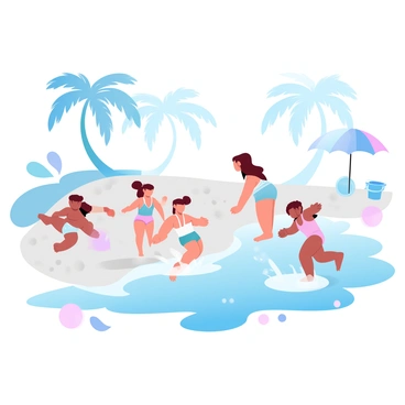 A group of children is playing and splashing in the shallow waters of a beach in Portofino. The children are wearing colorful swimsuits, and some are happily jumping over small waves. A few beach toys are scattered around, including buckets and shovels. In the background, gently swaying palm trees create a tropical atmosphere. The water reflects a gradient of pastel colors, transitioning from soft blue to light turquoise. The sandy beach is dotted with smooth pebbles, and a couple of colorful beach umbrellas provide shade nearby.