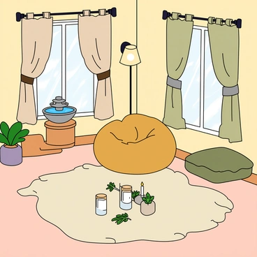 A cozy room with fluffy carpet on the floor and soft pillows scattered around. The walls are painted in light pastel colors, creating a warm ambiance. There are various fabric drapes, such as thick curtains and lightweight sheers, hanging from the windows, gently swaying in a light breeze. A small lamp with a soft glow illuminates the space, casting a warm light. In one corner, a small indoor fountain trickles water, contributing soothing sounds. Several scented candles are placed on a low table, surrounded by aromatic herbs. A plush bean bag is positioned in the center of the room, inviting relaxation.