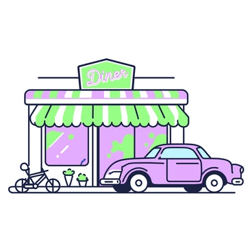 A classic vintage car is parked in front of an old diner. The car has rounded edges and distinctive chrome accents on its body. Its windshield reflects the surrounding environment. The diner features a retro design with a neon sign that reads "Diner" in bold letters. The exterior of the diner is adorned with large windows and a striped awning. A few potted plants are placed near the entrance, adding to the charm of the scene. A bicycle rests against the side of the diner, completing the nostalgic atmosphere.
