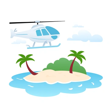 A private helicopter is flying above a cluster of small tropical islands. The helicopter is sleek and modern, with its rotors spinning energetically. Below, the islands feature sandy beaches with soft, white sand that contrasts with the vibrant turquoise waters surrounding them. Lush green palm trees dot the landscape of the islands, providing a tropical vibe. In the distance, small waves gently lap against the shores, creating a serene atmosphere. The sky is clear with a few wispy clouds scattered across, enhancing the bright, inviting scene.