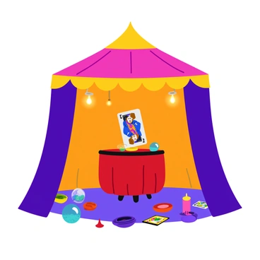 A colorful fortune teller's tent with draped fabric in shades of purple and gold. Inside the tent, a small round table covered with a deep red cloth is positioned at the center. On the table, there is a large joker card displayed prominently, featuring vibrant colors and playful designs. Surrounding the table, mystical accessories such as crystal balls, candles, and tarot cards are scattered. The tent's interior is illuminated by soft glowing lights, creating an inviting atmosphere. A few hanging trinkets gently sway in the background, completing the scene.