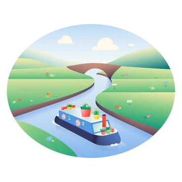 A charming canal barge with a bright blue exterior is peacefully drifting along a narrow, winding canal in rural England. The barge has a small, red chimney and colorful flower pots adorning the deck. Lush green fields border the water, dotted with wildflowers in various colors. In the background, there are gently rolling hills and a clear blue sky with a few fluffy white clouds. A wooden bridge arches over the canal in the distance, adding to the tranquil scenery.