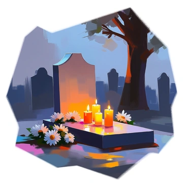 A dark graveyard scene illuminated by the soft glow of "flickering candles" placed carefully around a "weathered gravestone." The candles' warm light creates a stark contrast against the "dark night sky," casting delicate shadows on the ground. In the background, "silhouettes of trees" stand tall, their branches gently swaying in the night breeze. A few scattered flowers, "white chrysanthemums," are placed at the base of the gravestone, adding to the reverent atmosphere. The air is still, and the overall scene conveys a sense of solemn reflection during the nighttime vigil.