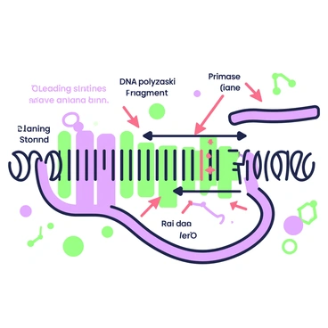 An illustration depicting the process of Okazaki fragments connecting on the lagging strand during DNA replication. In the center, the lagging strand is shown with multiple short sections, each representing an Okazaki fragment. A DNA polymerase enzyme is positioned nearby, adding nucleotides to the fragments. A primase is also visible, laying down a primer at the beginning of each fragment. Red arrows indicate the direction of synthesis, while the leading strand runs parallel, smoothly synthesized in one continuous motion. The surrounding area includes molecular structures like nucleotides and the double helix structure of DNA in a simplified form.