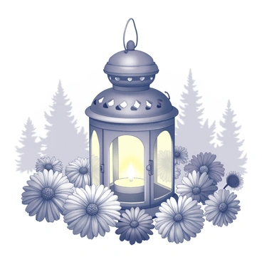 A lantern with intricate designs emits a soft glow, illuminating its surroundings. It is positioned at the center of a circular arrangement of marigolds, their petals detailed and distinct, creating a vibrant border around the lantern. The marigolds display a variety of textures, with some flowers fully open while others are in a budding stage, contributing to an inviting atmosphere. The background suggests a summer evening setting, with the gentle outlines of foliage and distant silhouettes of trees creating a serene ambiance.