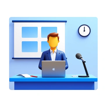 A speaker standing confidently at a desk with a laptop open in front of them. The speaker is wearing a professional outfit, with a focused expression while practicing their presentation. There are notes and a pen on the desk, and a microphone is set up for recording. A large screen in the background displays slides from the presentation. A clock on the wall shows it's close to the starting time of the webinar. The room is well-lit, creating a professional atmosphere.