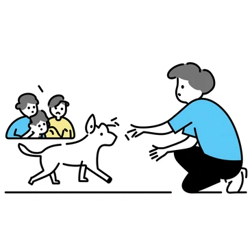 A person with short brown hair, wearing a light blue shirt and dark jeans, is kneeling down on the sidewalk. They are gently extending their hand towards a stray dog that has matted fur and appears to be trembling. The dog has visible signs of distress, with its ears pinned back and a wary expression. Surrounding them is a small group of concerned onlookers, watching the interaction closely. The scene conveys a sense of urgency and compassion as the person focuses on the dog, ready to offer help.