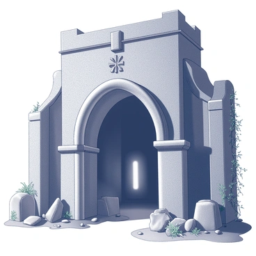 A large stone archway serves as the entrance to dark, ancient catacombs located beneath a church. The archway is intricately carved with symbols and motifs, giving it an air of mystery. Shadows loom around the entrance, creating a sense of depth and secrecy. Above the arch, the church structure features tall, gothic-style windows, some cracked and faded. The surrounding ground is uneven, littered with scattered stones and overgrown vines that hint at years of neglect. A faint light emanates from within the catacombs, illuminating the dark, damp stone walls just beyond the threshold.
