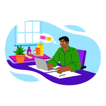 A business owner sitting at a modern desk, intently reading customer feedback on a sleek tablet. The owner is focused, with a thoughtful expression. Around the desk, various products are neatly displayed, including bright-colored packaging and different items that represent the business. There is a plant in a pot on the desk, adding a touch of greenery. The workspace is well-organized, with light streaming in from a nearby window, highlighting the details of the products.