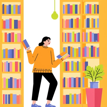 A woman with long brown hair wearing a cozy orange sweater is browsing through tall wooden bookshelves in a quaint bookstore. The shelves are filled with a variety of colorful books, some stacked and some standing upright. Warm light from a vintage lamp illuminates the space, creating a welcoming atmosphere. A green potted plant sits on a nearby table, adding a touch of nature to the scene. The woman is holding a book in her hands, looking thoughtfully at the titles on the shelves.