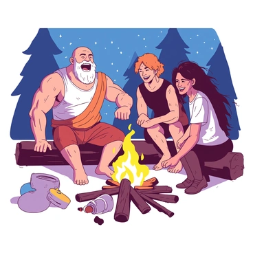 A muscular figure resembling "Kratos" with a bald head and a thick beard is sitting on a log next to a glowing campfire. He is laughing heartily, with a friendly smile on his face. Surrounding him are several friends, each with distinct appearances, sharing a joyful moment. One friend has long, wild hair and is animatedly gesturing as they tell a story. Another friend, wearing a rugged outfit, leans forward with an intrigued expression. The warm light from the campfire casts flickering shadows on their faces, enhancing the camaraderie of the scene. In the background, trees stand tall under a starry night sky, adding depth to the atmosphere.