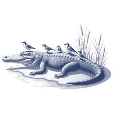 A large crocodile lying on the riverbank, its body resting on the ground. Several small birds with distinct markings are perched on its back. The crocodile's scaly skin is textured, and its eyes are closed, conveying a sense of tranquility. The birds are arranged in various positions, some facing forward while others face backward. The surrounding landscape features reeds and water in the background, indicating a natural habitat.