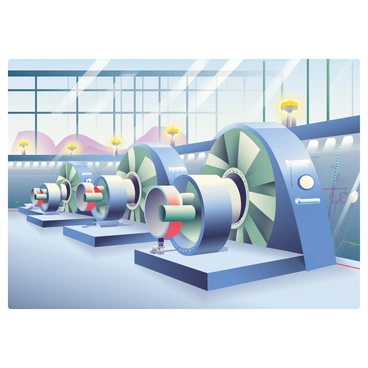 An illustration shows the interior of the Hoover Dam featuring large power generation turbines. The turbines are housed in a spacious chamber with high ceilings and concrete walls. Each turbine is cylindrical and metallic, with multiple blades extending outward. The machinery is complex, with interconnected pipes, gauges, and control panels surrounding the turbines. Bright overhead lights illuminate the area, casting shadows that emphasize the scale of the equipment. The floor is made of smooth, gray concrete, reflecting the industrial environment. In the background, large windows provide a view of the dam's structure, enhancing the sense of size and power within the scene.