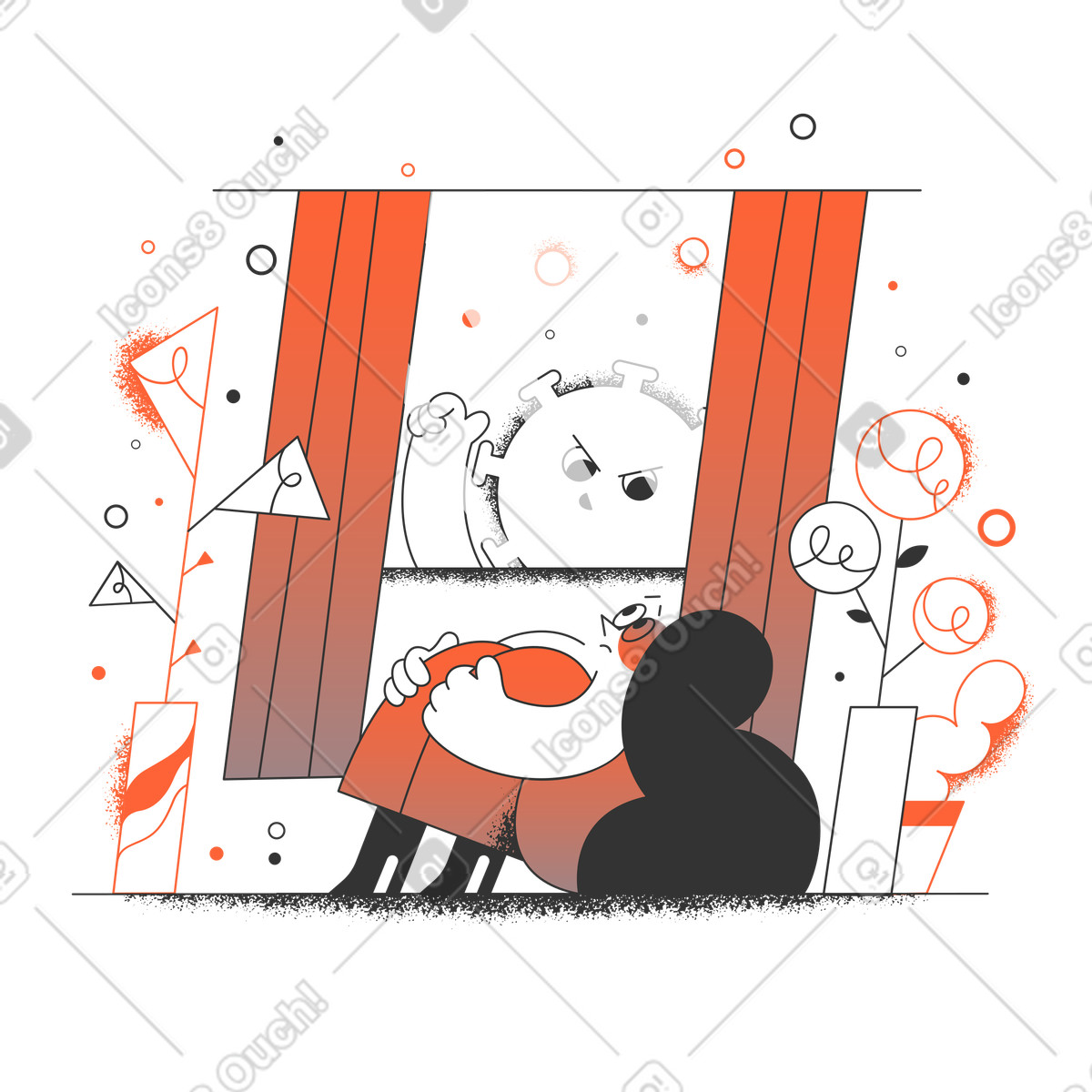 Woman sitting at home and looking virus floating outside illustration in Crayon style download in PNG, SVG