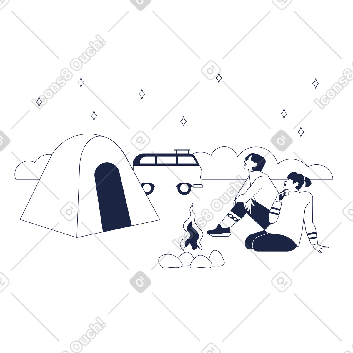 Campers watching night sky with stars, Nature relaxation and travel scene illustration in Urban Line style download in PNG, SVG
