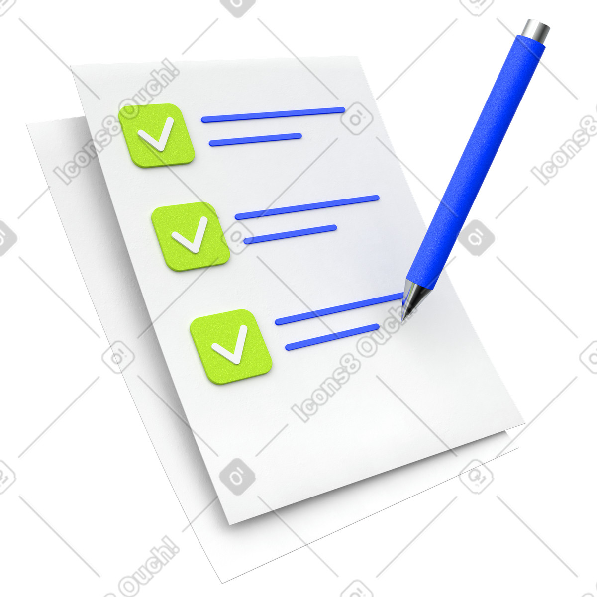 Checkliste mit blauem stift-Illustration im 3D Enterprise-Stil als Download in PNG, SVG