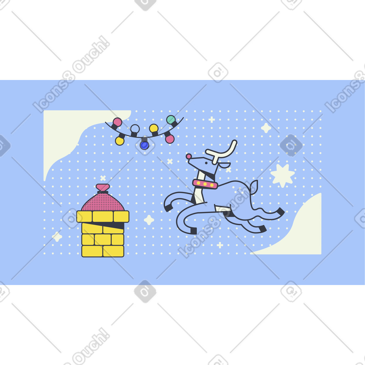 Festive reindeer jumping by snowy chimney, Christmas greeting card illustration in Abstract style download in PNG, SVG
