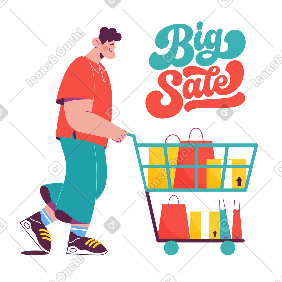 Shopper pushing cart with bags, Big sale and discount shopping illustration in Sammy style download in PNG, SVG