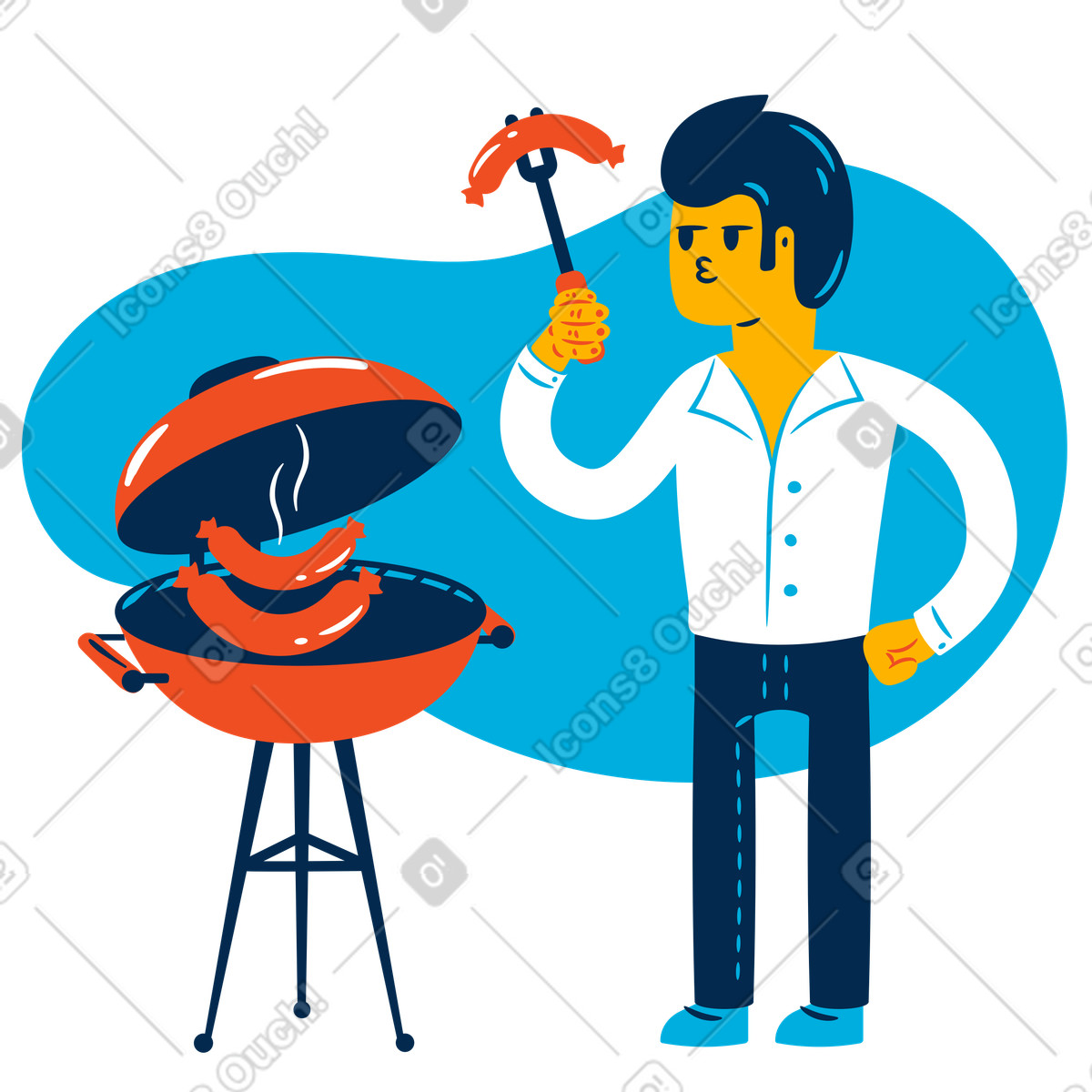 Uomo che cuoce salsicce alla griglia illustrazione in stile Flame scarica in PNG, SVG