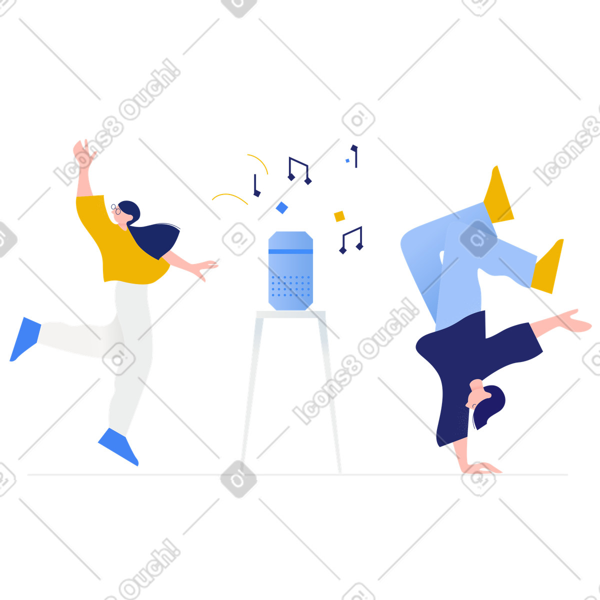 Ilustração de Homem e mulher dançando ao som da música em um alto-falante inteligente no estilo Clip para baixar PNG, SVG