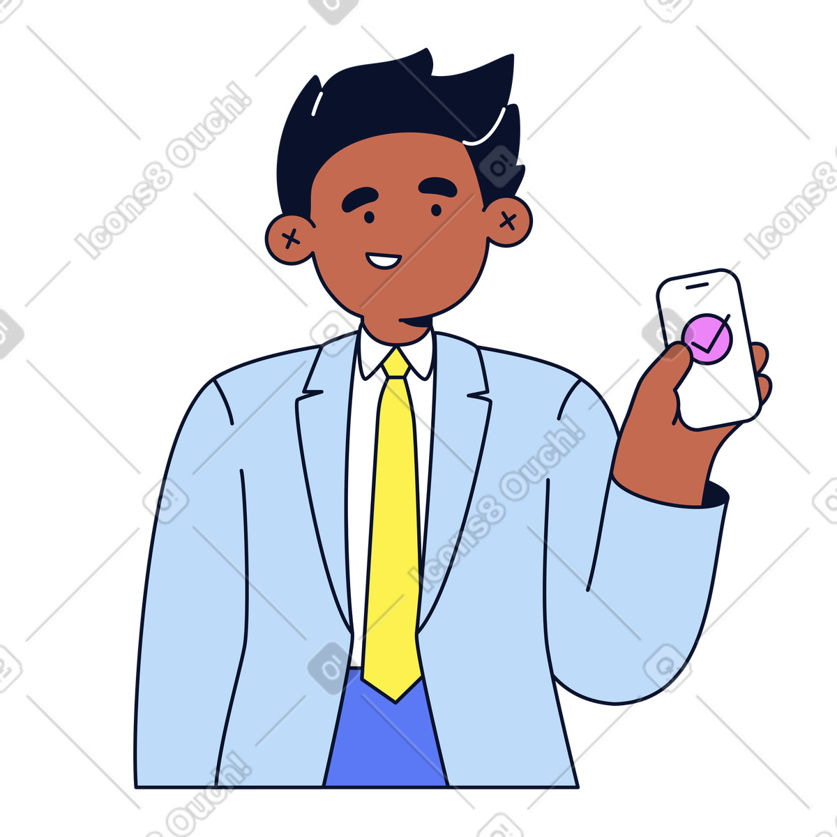 Ilustración Business professional holding phone with checkmark, mobile authentication success en estilo Flexy a descargar en PNG y SVG