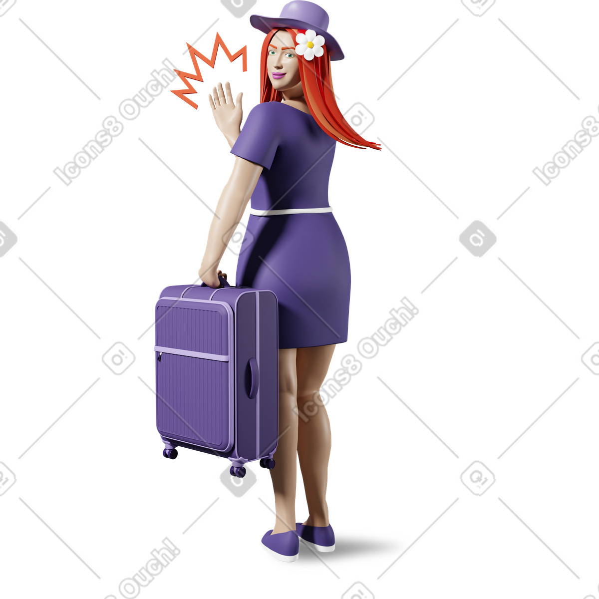 Ilustração de Mulher viajando carregando mala acenando adeus em no estilo 3D Plastic people para baixar em PNG, SVG