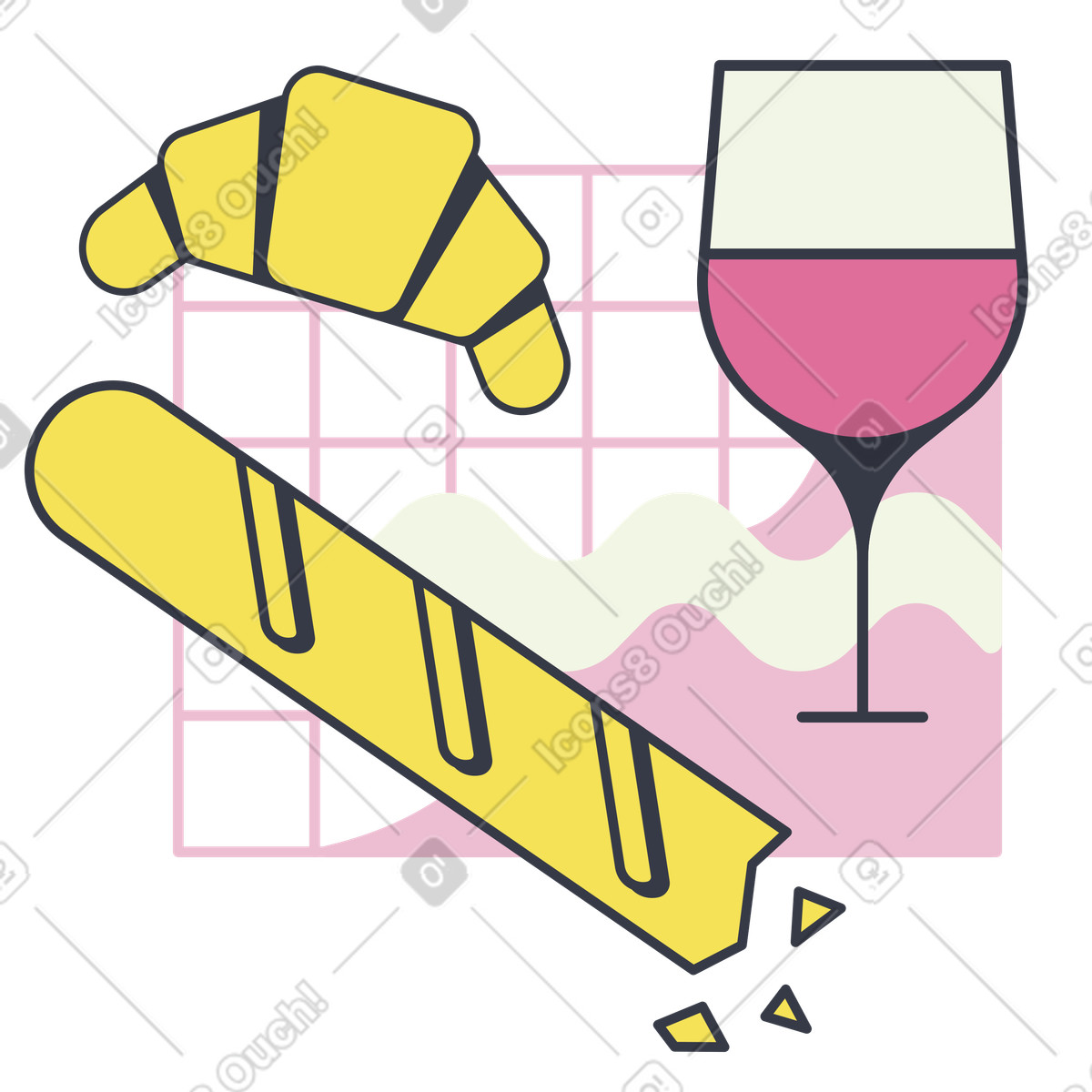Französische küche. ein glas wein, baguette und croissant-Illustration im Abstract-Stil als Download in PNG, SVG