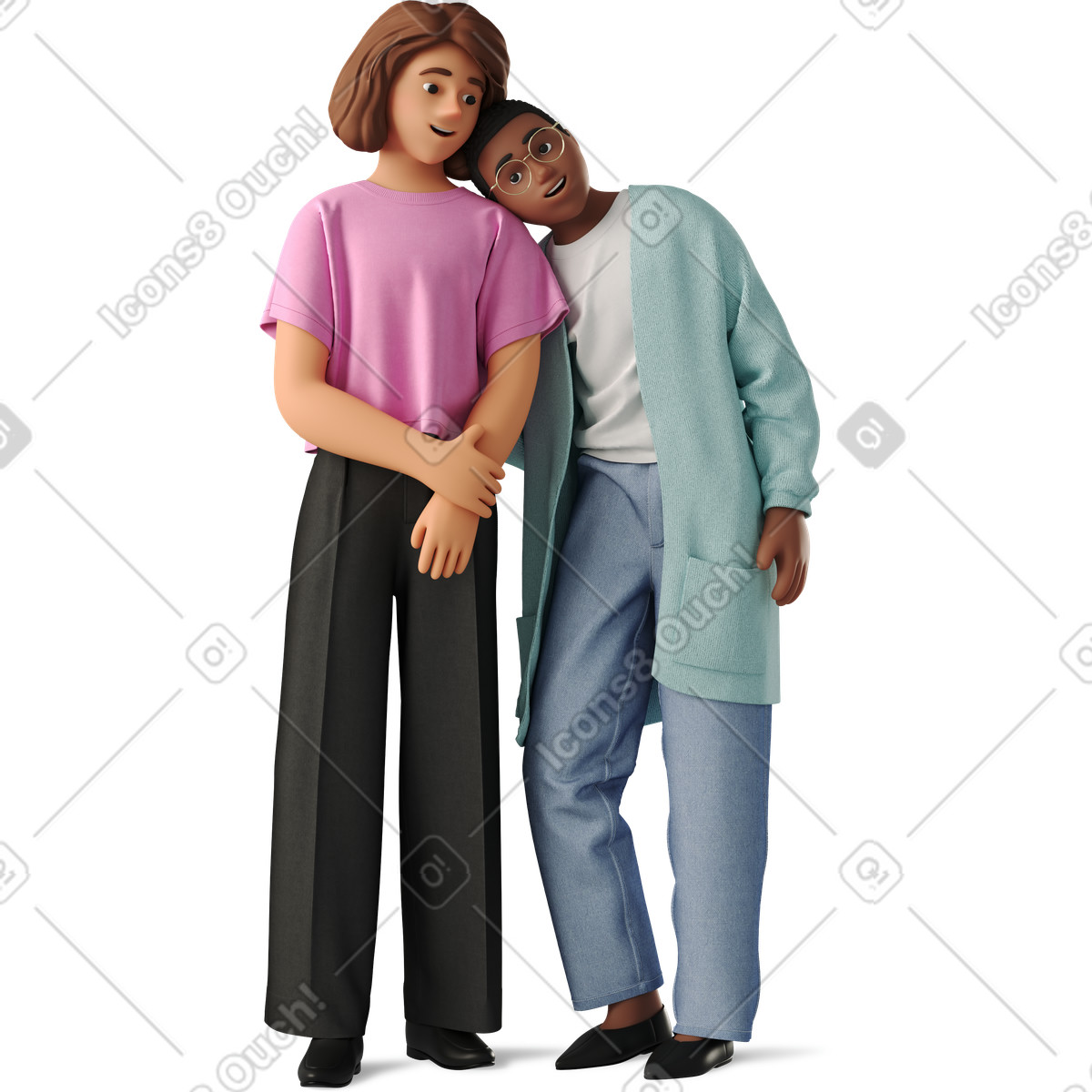 Two women embracing illustration clipart image in PNG, SVG, GIF showcasing affection