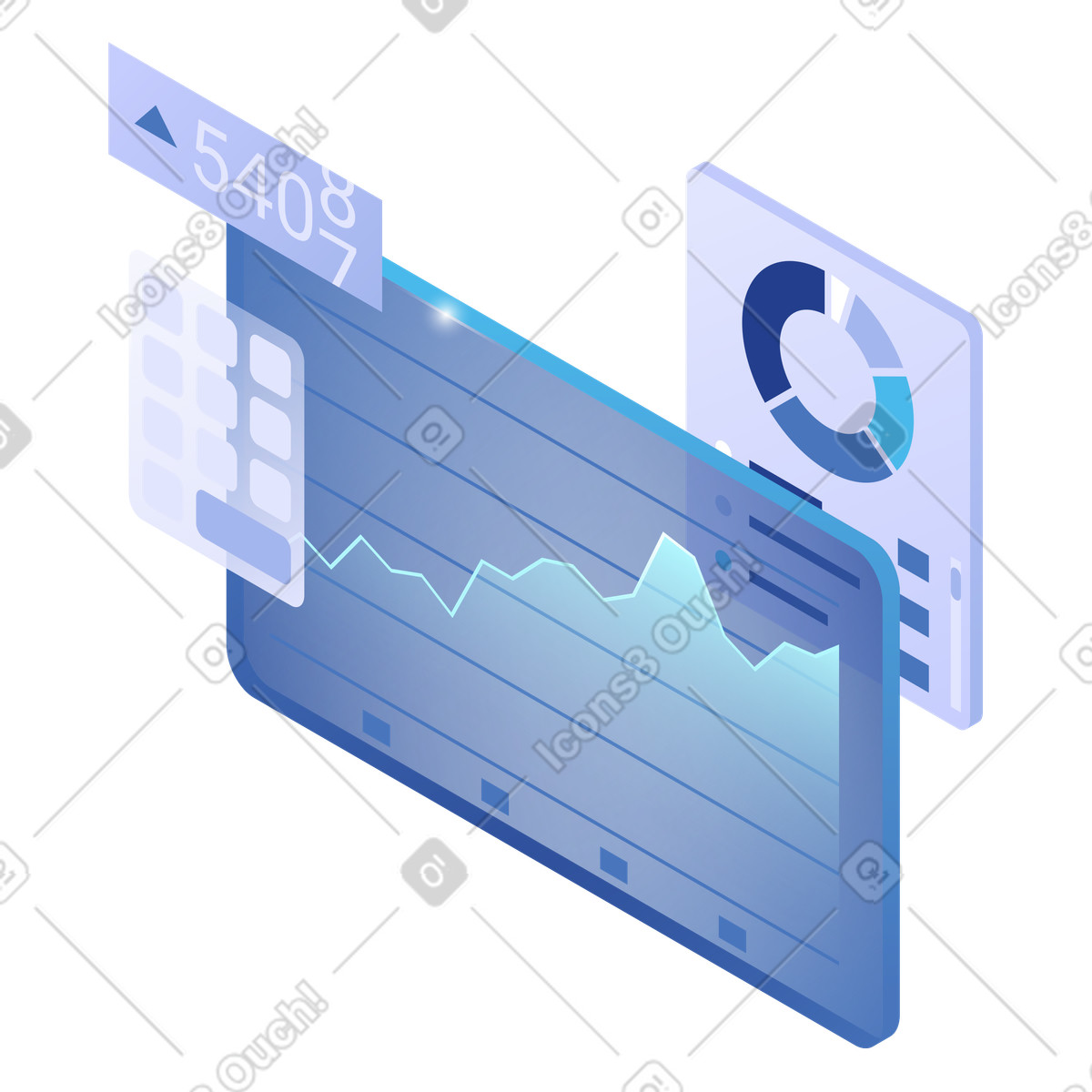 Financial market analysis dashboard with area graph and donut chart illustration in Quantum style download in PNG, SVG