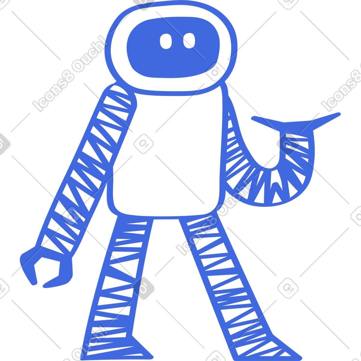 Blue robot with striped limbs gesturing open hand-Illustration im Ballpoint Pen-Stil als Download in PNG, SVG