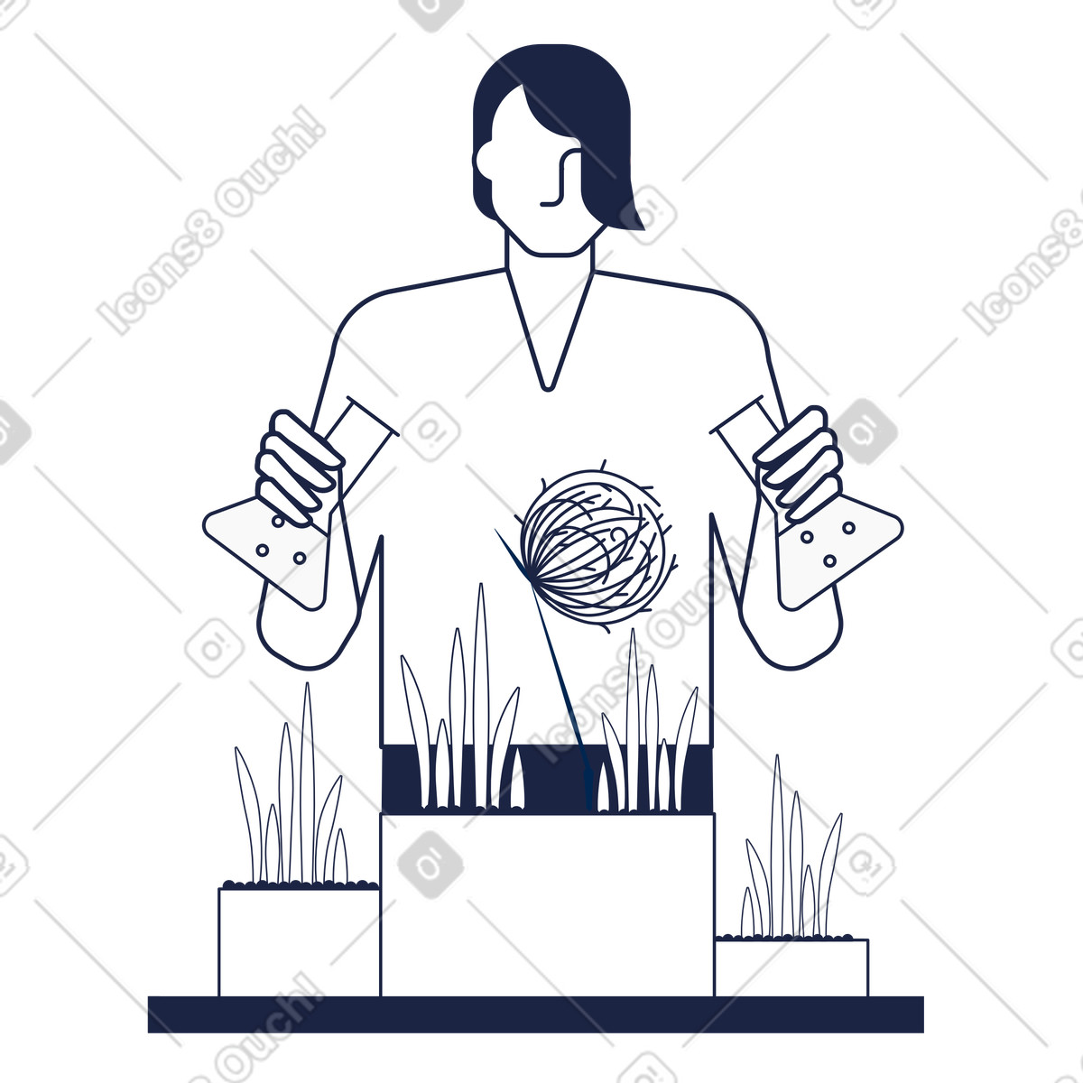 Illustration Scientifique avec des flacons prenant expériences chimiques sur plantes dans le style Urban Line à télécharger aux formats PNG, SVG