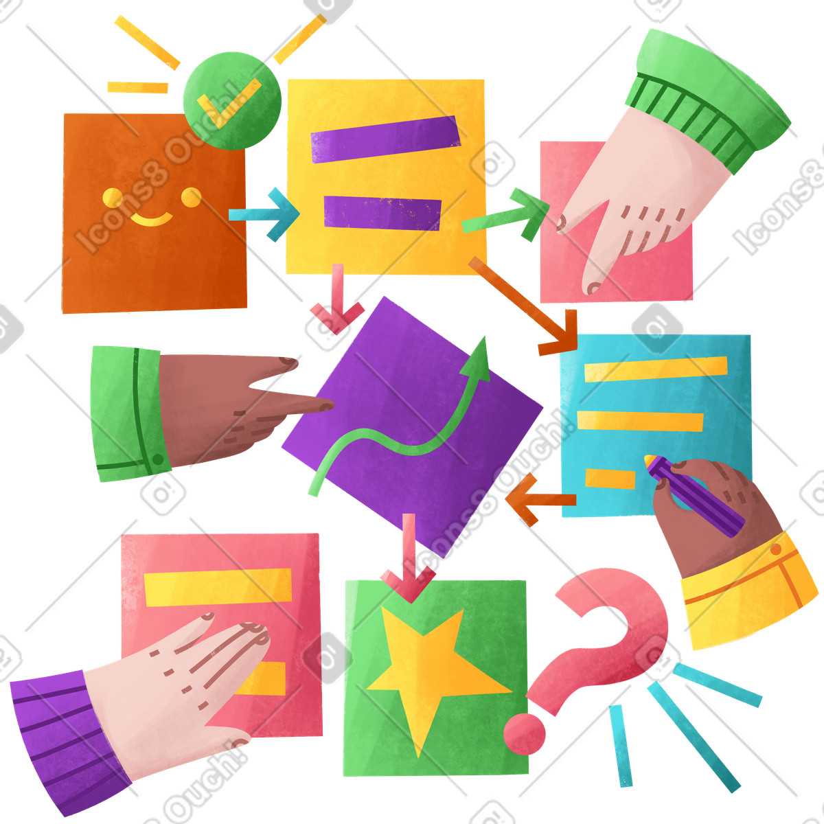 Ilustración Gestión de proyectos con muchas manos en estilo Bonbon a descargar en PNG y SVG