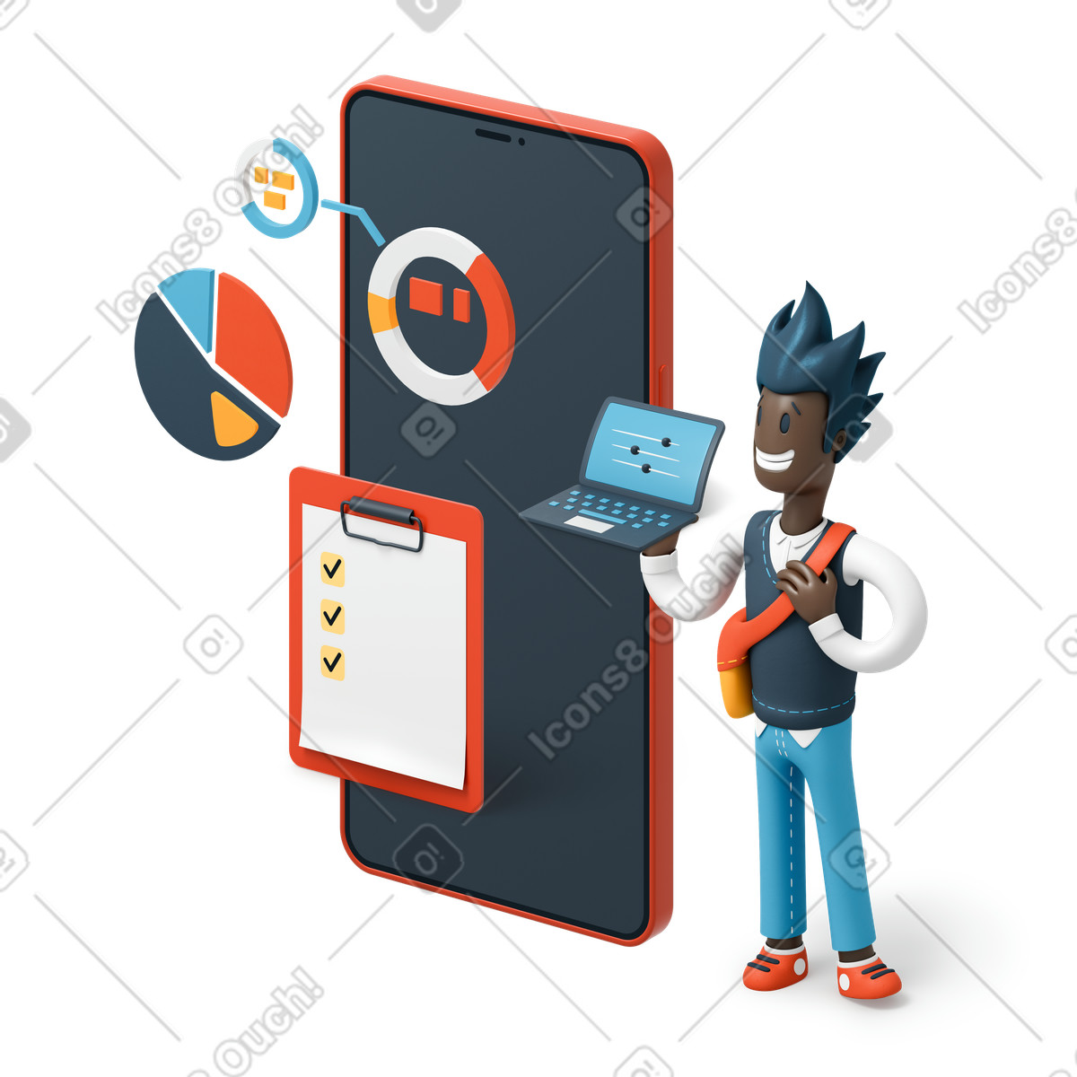 Ilustração de Homem ao lado do telefone vermelho com estatísticas projeto na tela em no estilo 3D Flame para baixar em PNG, SVG