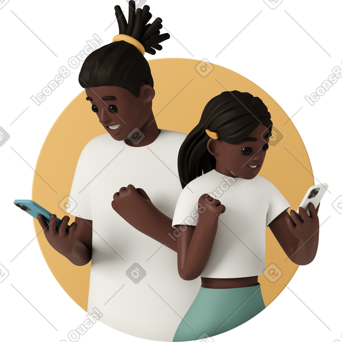 3D Casual life 스타일의 Smiling young couple standing and using mobile phones 일러스트레이션 PNG, SVG 다운로드