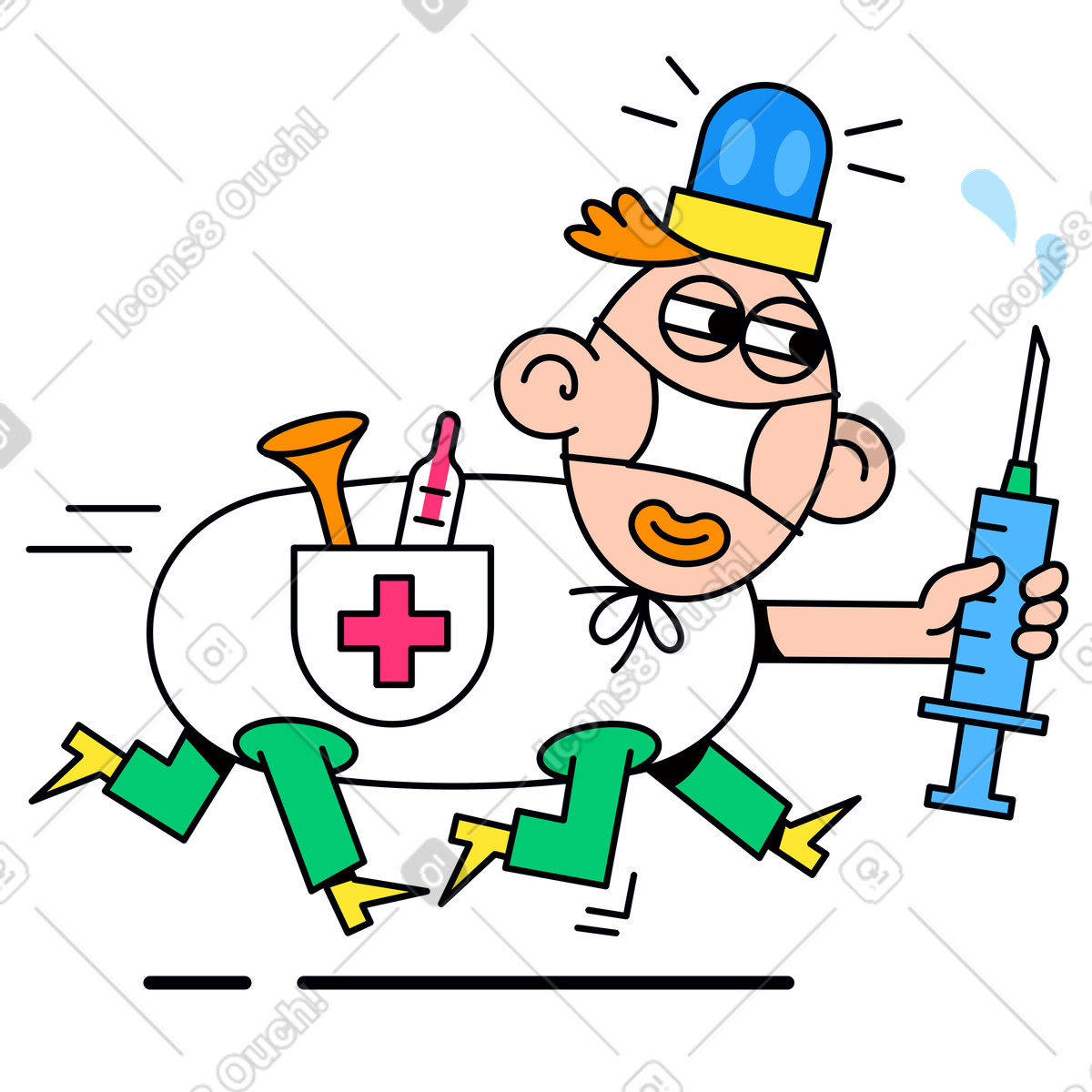 Arzt läuft mit impfung-Illustration im Droll-Stil als Download in PNG, SVG