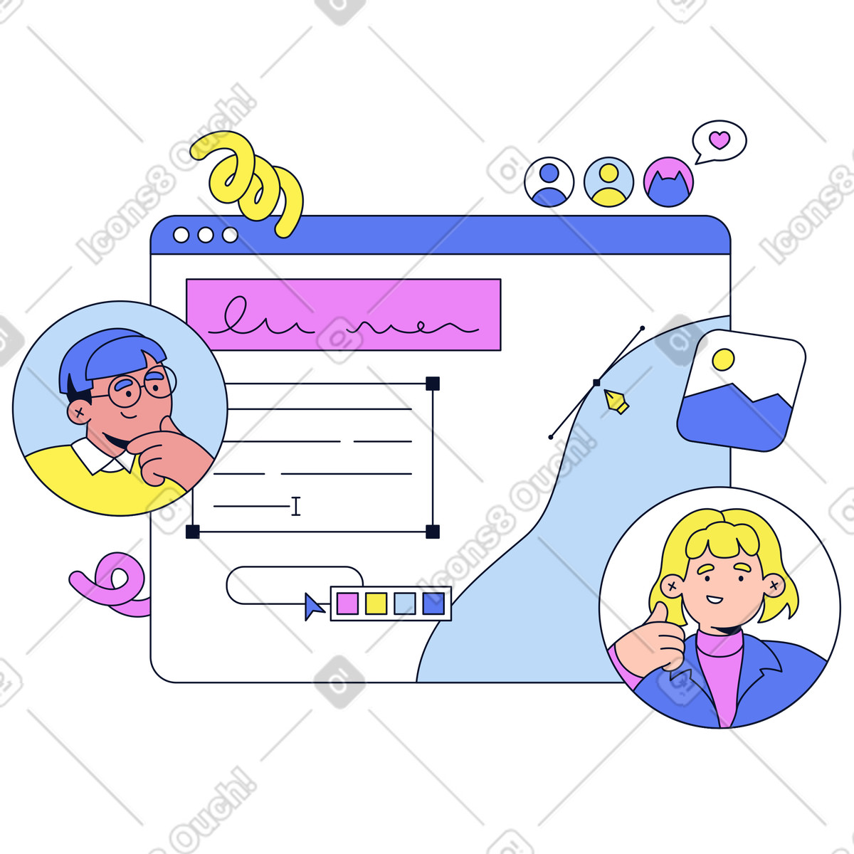 Coworkers collaborate on design project online, Remote teamwork and workflow illustration in Flexy style download in PNG, SVG