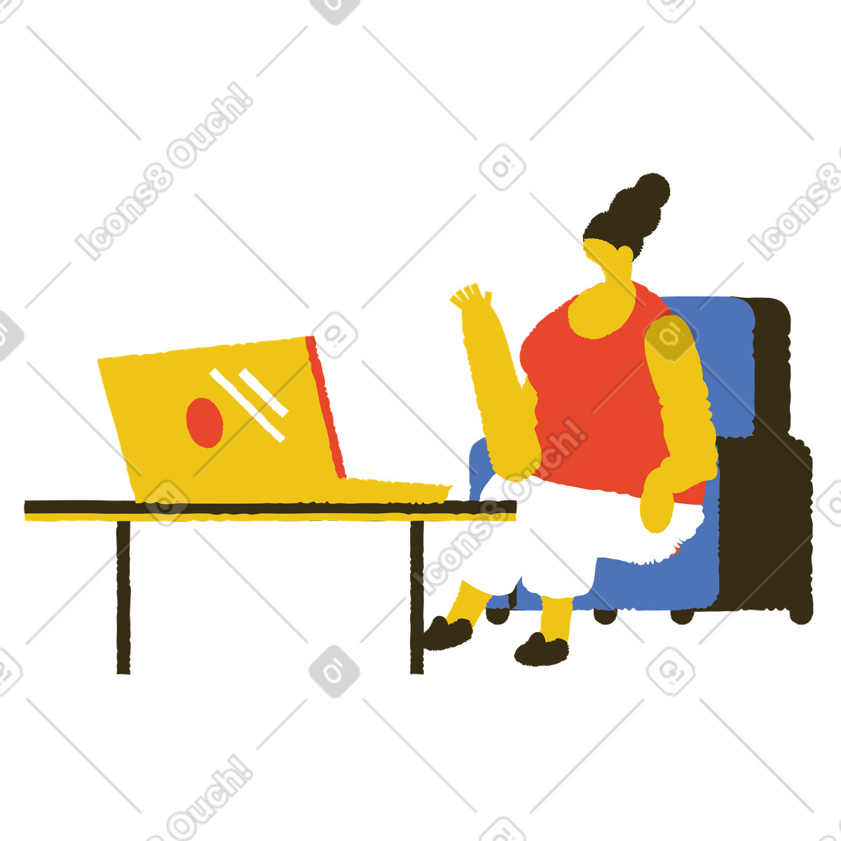 Ilustración Mujer saludando a su computadora portátil durante una llamada en línea estilo Bermuda descargar PNG y SVG