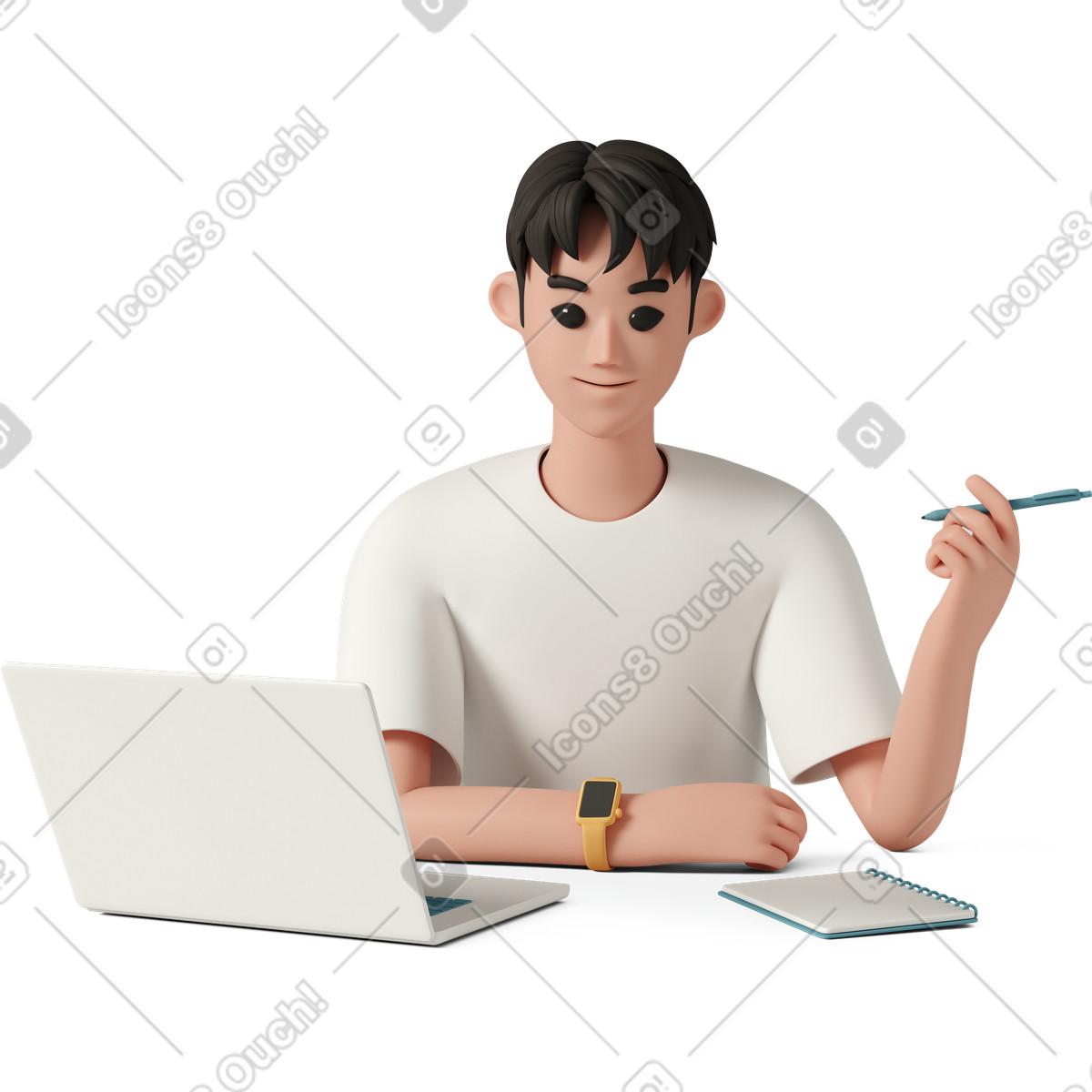 Young man with laptop making notes on notepad-Illustration im 3D Casual life-Stil als Download in PNG, SVG