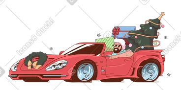 Man in santa's hat on sports car with christmas tree and gifts PNG, SVG