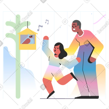 Man and girl looking at the bird in birdhouse PNG, SVG
