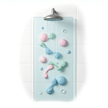 A shower with water cascading down from a modern showerhead. Colorful shampoo foam is flowing down the glass panel, creating vibrant patterns in shades of pink, blue, and green. The backdrop is bright and inviting, with tiles that reflect the light, enhancing the lively atmosphere. There are droplets of water glistening on the surface, adding to the freshness of the scene.