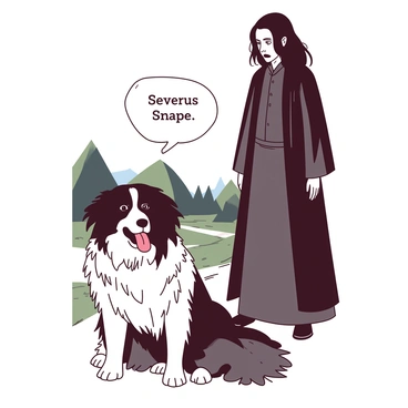 A duotone illustration features a tall man with long black hair and robes, portraying "Severus Snape," standing in an outdoor setting. His expression shows surprise mixed with annoyance as he looks down at a large, shaggy dog with a broad muzzle and floppy ears, depicted as "Fang." Fang is sitting with his tongue out, exhibiting a friendly demeanor. The background contains hints of trees and a path, adding to the scene's depth. Snape's dark clothing contrasts with Fang's lighter fur, emphasizing their differing appearances.