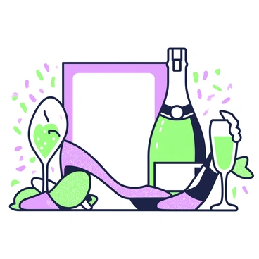 A bachelorette party invitation is displayed prominently in the center. Surrounding the invitation are several glittery high heels in various poses, showcasing their shiny textures. Next to the heels, there is an elegantly designed champagne bottle with a decorative label. The bottle is accompanied by a flute glass that has a small splash of champagne spilling over the rim. In the background, there are subtle hints of confetti and decorative elements that enhance the festive atmosphere.