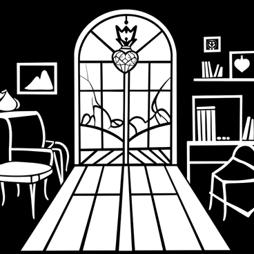 A large stained glass window featuring the "Claddagh" symbol is positioned prominently in a room. The window is intricately designed, showcasing the heart, hands, and crown elements of the symbol in a detailed manner. The sunlight shines through the glass, creating a dazzling array of colorful shadows on the wooden floor and walls of the room. The atmosphere is filled with shapes and patterns formed by the refracted light, adding depth to the scene. Various pieces of furniture are arranged in the room, complementing the picturesque view of the window.