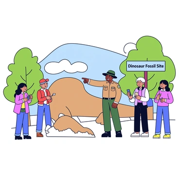 A park ranger stands next to a large dinosaur fossil, pointing towards it with an enthusiastic expression. The ranger is wearing a tan uniform with a green hiking hat, and there is a badge on the shirt. Surrounding the ranger are a small group of curious tourists, some taking notes and others holding cameras. In the background, there are lush green trees and a clear blue sky, emphasizing the outdoor setting of the fossil site. A nearby sign reads "Dinosaur Fossil Site" in bold letters.