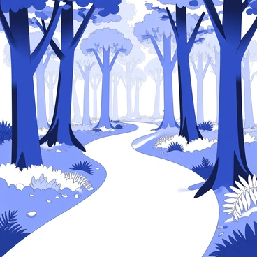 A winding pathway stretches through a dense forest. The path is lined with tall trees that have thick trunks and a variety of leaf shapes. Sunlight filters through the dense canopy above, casting intricate shadows on the ground. To either side of the pathway, ferns and shrubs grow, creating a lush undergrowth. The pathway curves gently, inviting exploration deeper into the woods. Small stones and patches of grass are visible along the edges of the trail.